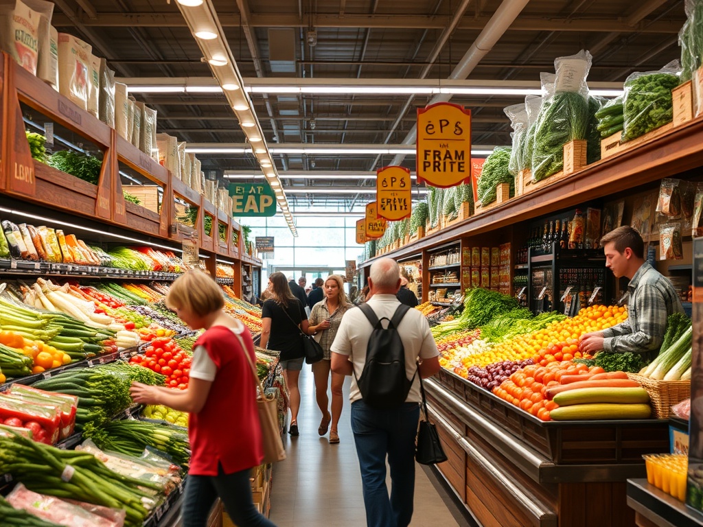local Quebec grocery store produce section fresh vegetables shoppers casual weekend atmosphere