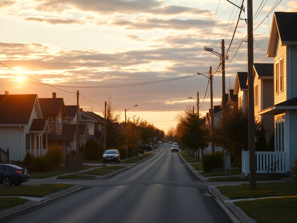 Mascouche suburban street golden hour peaceful houses Quebec calm neighborhood