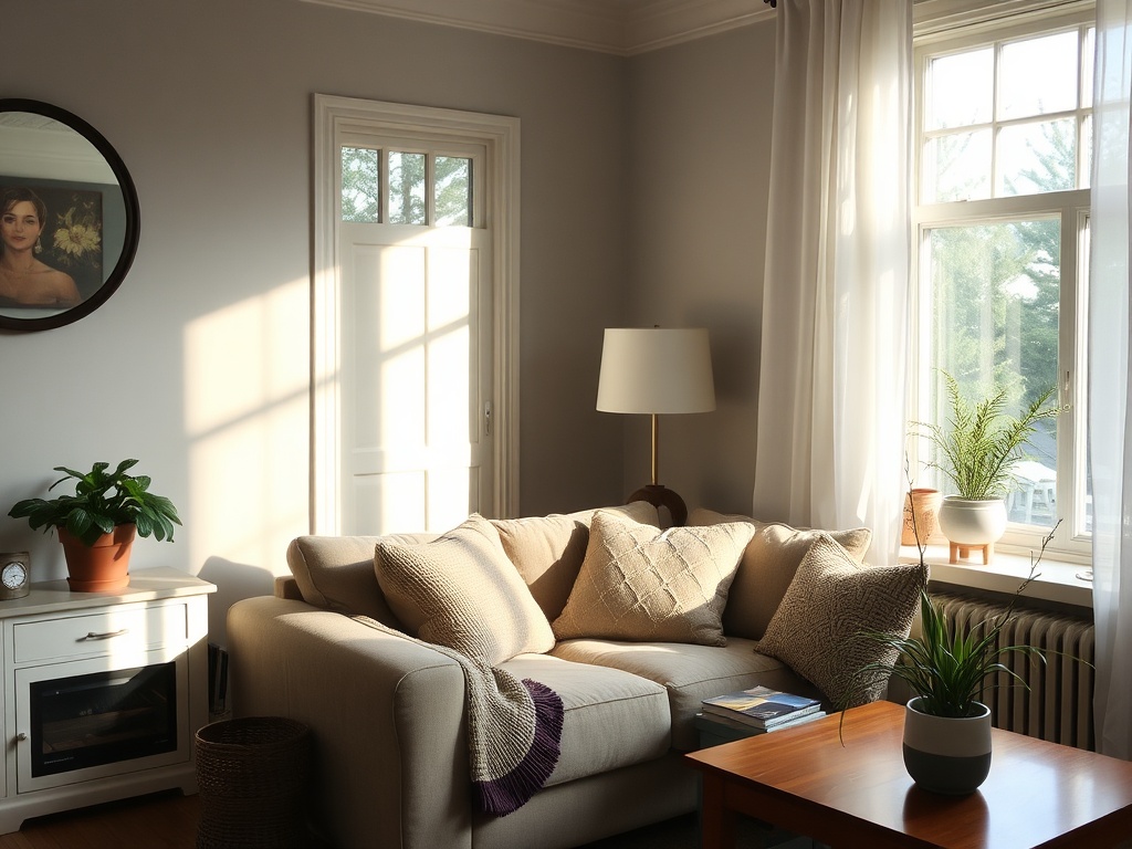 quiet Sunday home interior cozy couch window light calm atmosphere Quebec lifestyle
