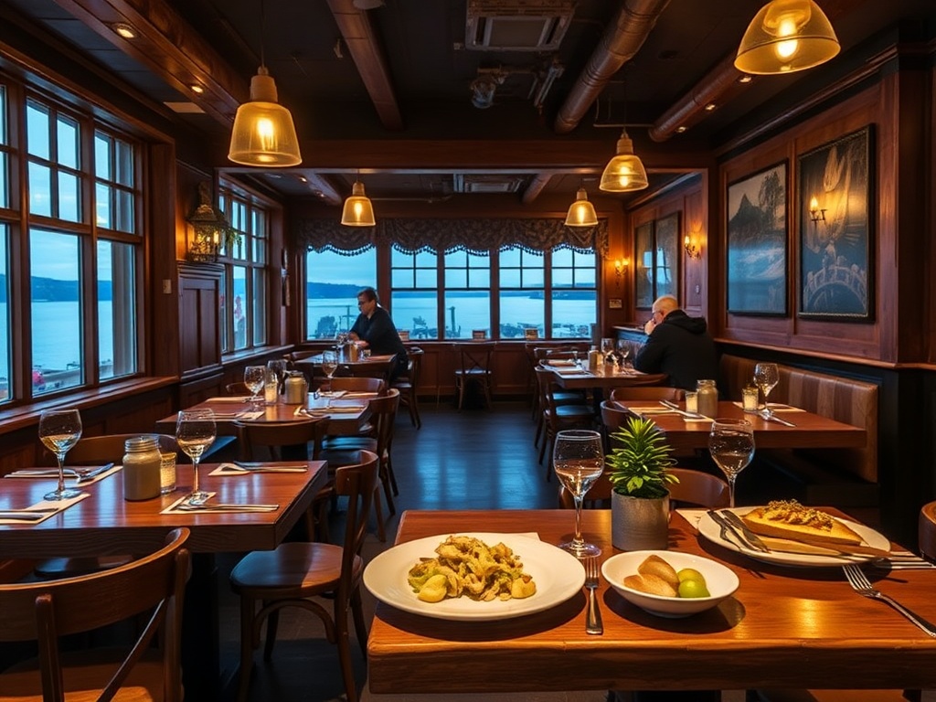 cozy Quebec seaside restaurant interior warm lighting wooden tables seafood dishes