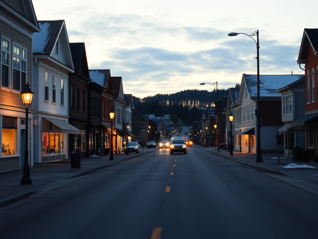 evening street in small Quebec town soft lights calm empty streets peaceful mood