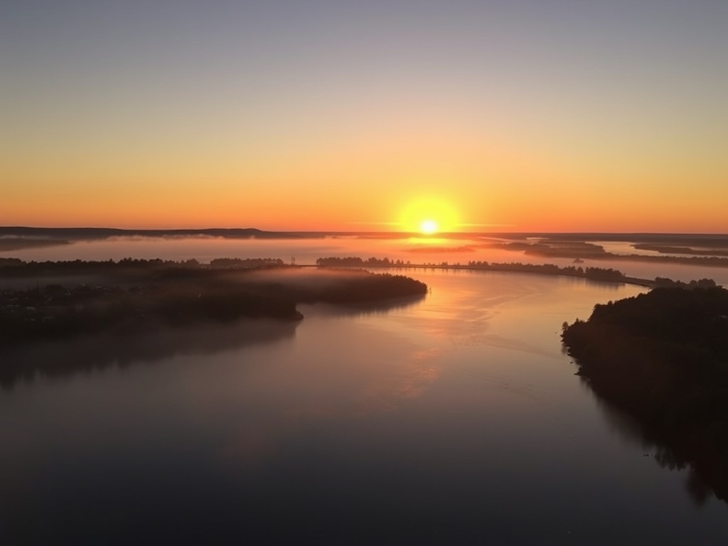 golden sunrise over Matane river with soft mist, quiet Quebec coastal town atmosphere