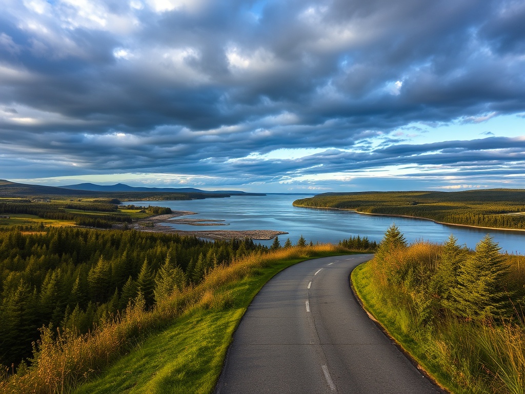 Matane coastal bike path overlooking river dramatic sky Quebec landscape