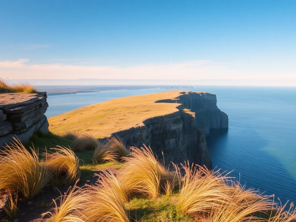 quiet scenic lookout over Saint Lawrence River with dramatic cliffs and wind-swept grass