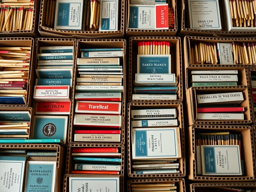 matchbooks stored neatly in categorized boxes