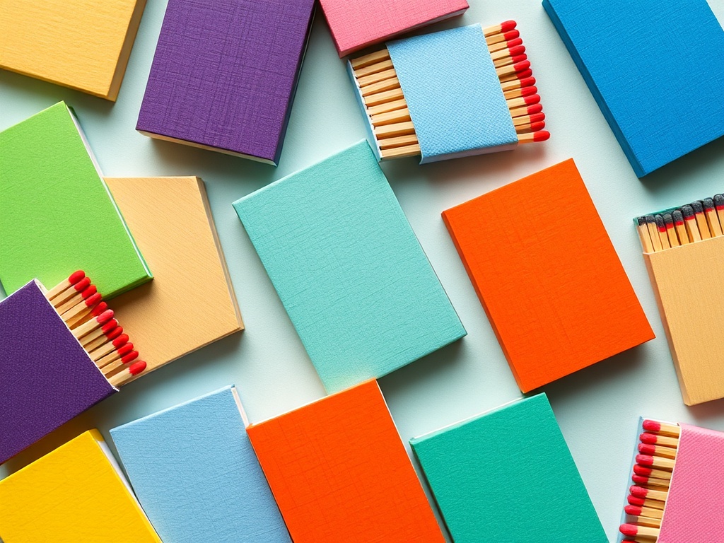 vivid description of colorful matchbooks arranged in an aesthetically pleasing layout