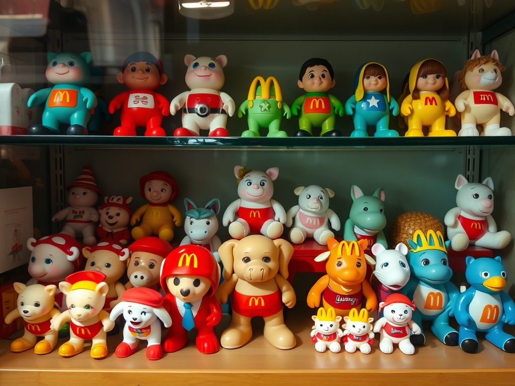 a display shelf filled with McDonald's toys neatly arranged with care, showing their pristine condition