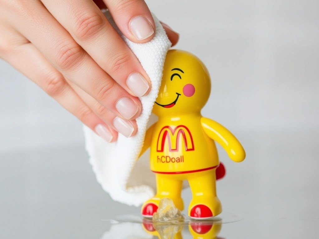 a soft cloth wiping McDonald's toy clean with care, water droplets being wiped off