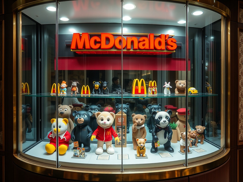 an elegant display case with McDonald's toys inside, protected by glass panels, no dust or sunlight