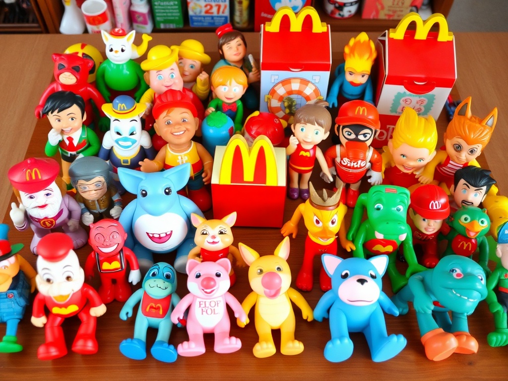 a vibrant collection of vintage McDonald's Happy Meal toys arranged neatly on a table with bright colors and nostalgic characters