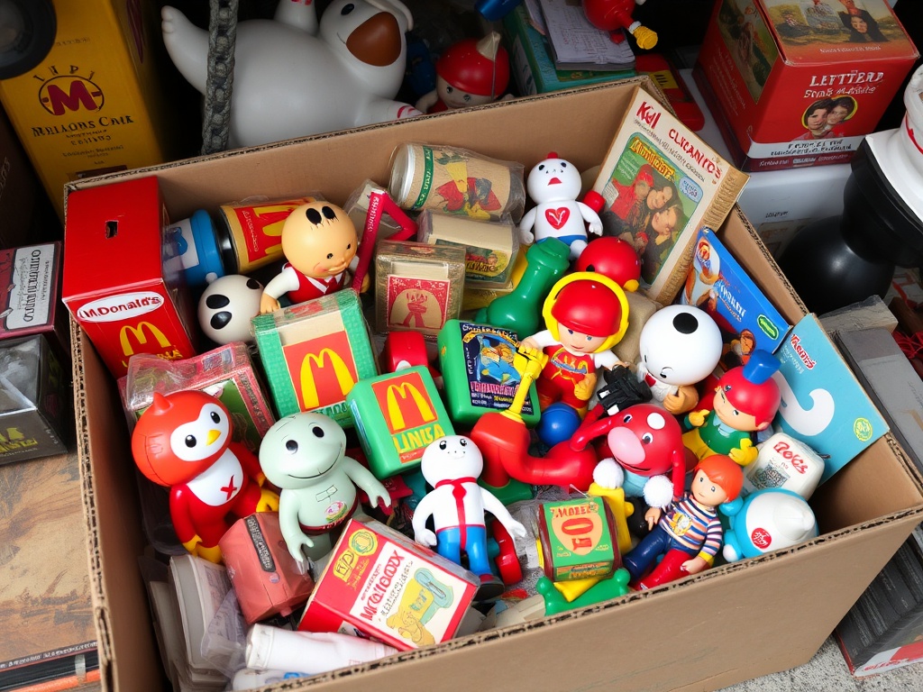 box of mixed vintage toys at a garage sale with hidden McDonald's collectibles inside
