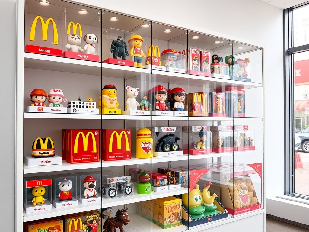 clean modern display shelf filled with neatly arranged McDonald's toys in protective cases