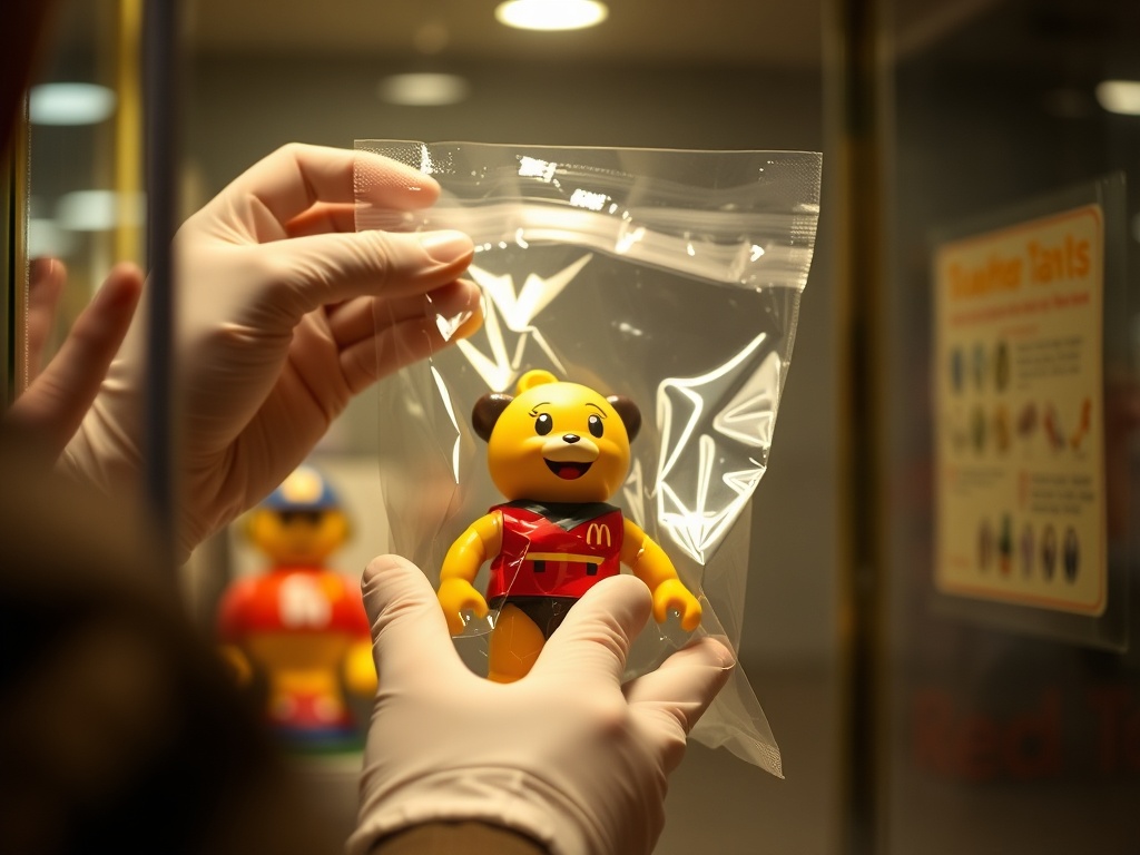 collector carefully placing a sealed McDonald's toy into a protective display case with gloves