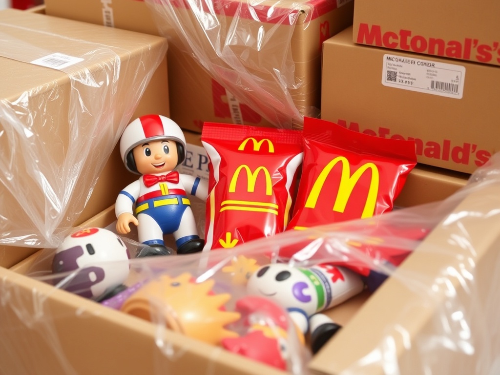 collector packaging McDonald's toys carefully for shipping with bubble wrap and boxes
