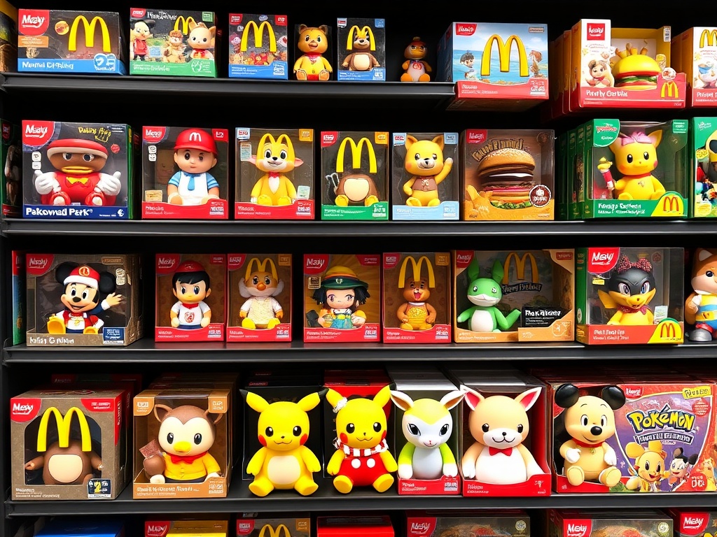 organized shelf display of McDonald's toy sets grouped by theme like Disney and Pokemon