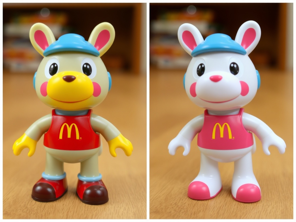 side-by-side comparison of two similar McDonald's toys with slight color variation highlighting differences