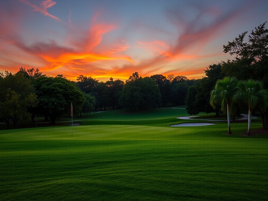 a lush green golf course at Echo Dale Park during sunset