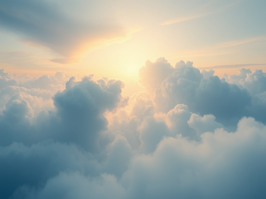 abstract visualization of thoughts drifting like clouds, soft sky tones, calm reflective mood