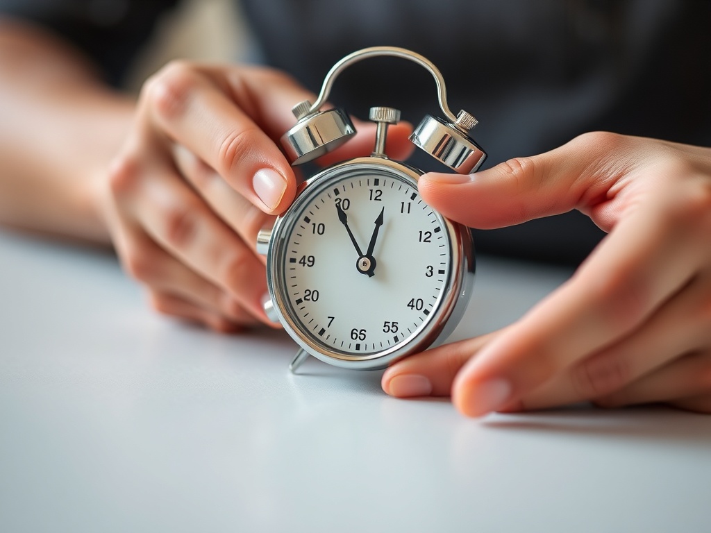 close-up of a timer showing 2 minutes, calm hands resting, peaceful focus