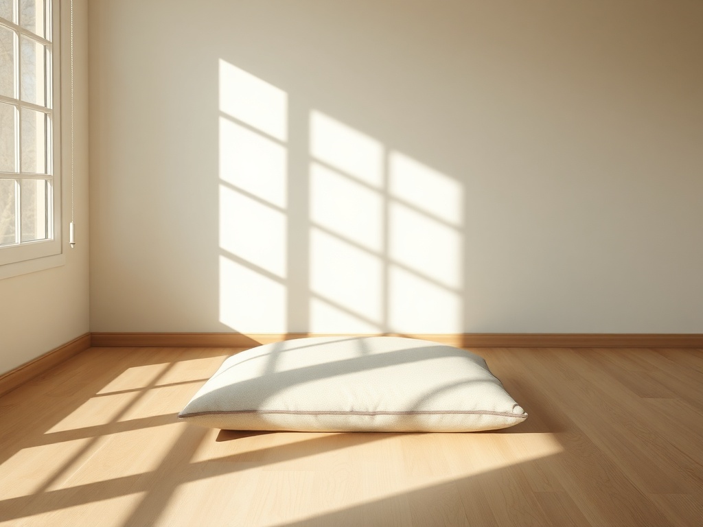 minimal meditation space, cushion on floor, sunlight casting shadows, simple uncluttered room