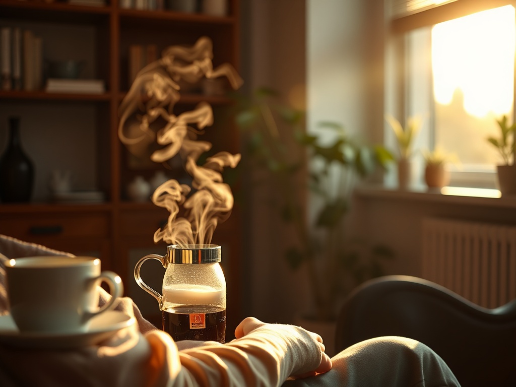 morning routine scene, coffee steaming, person sitting calmly before starting work