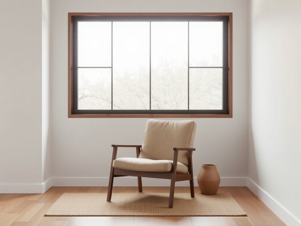 simple chair by window, calm neutral tones, inviting and easy meditation setup