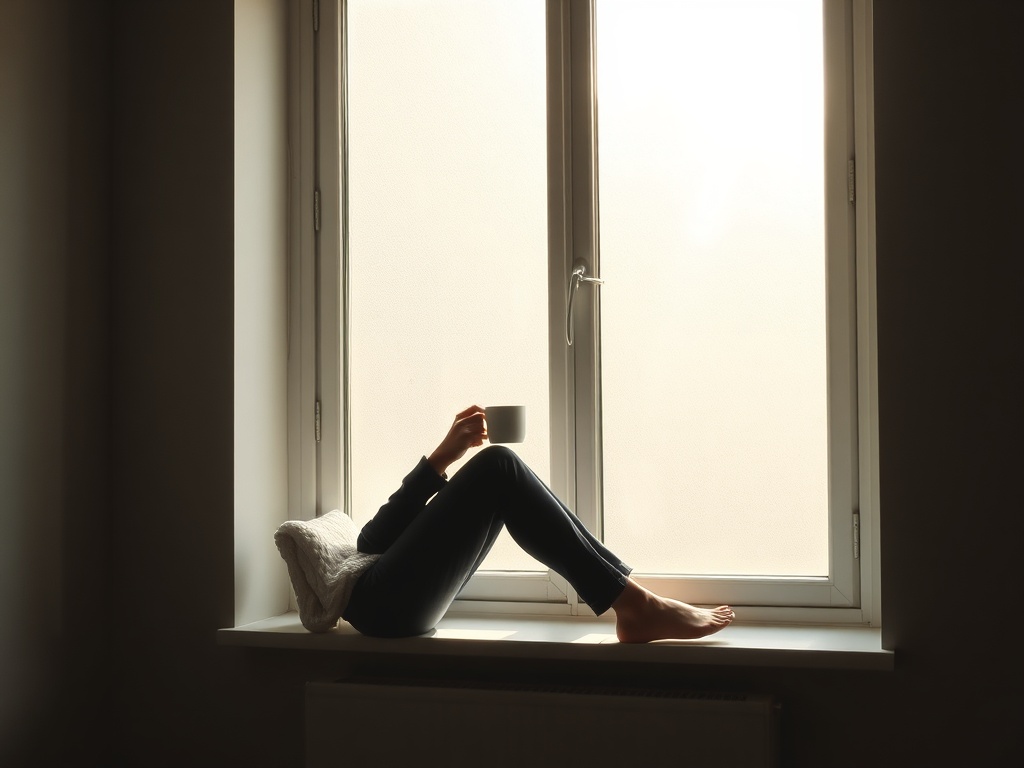 soft morning light, person sitting quietly by a window with tea, calm atmosphere, minimal aesthetic