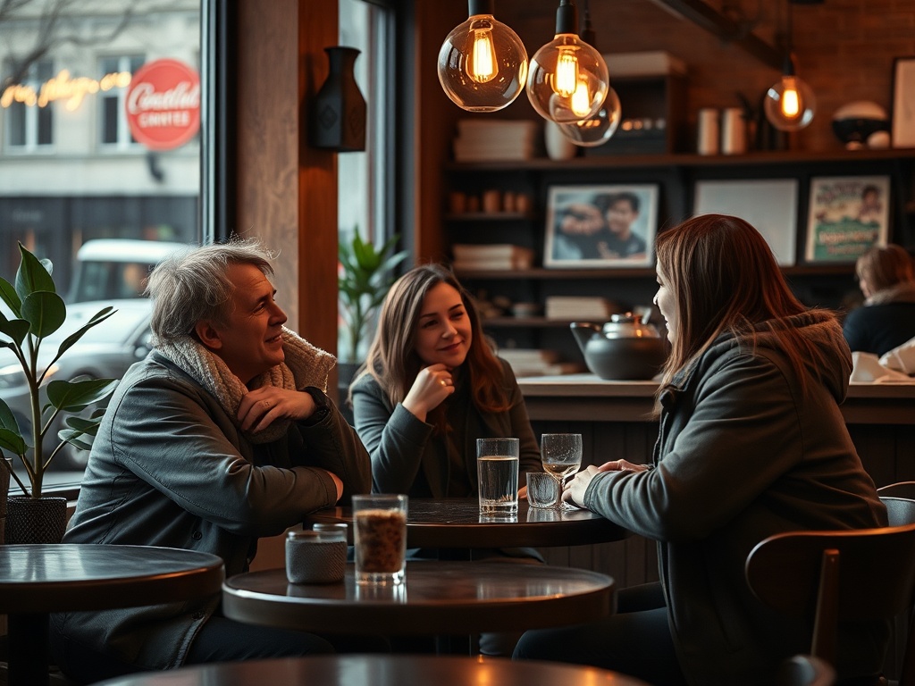 friends having a conversation in a cozy cafe