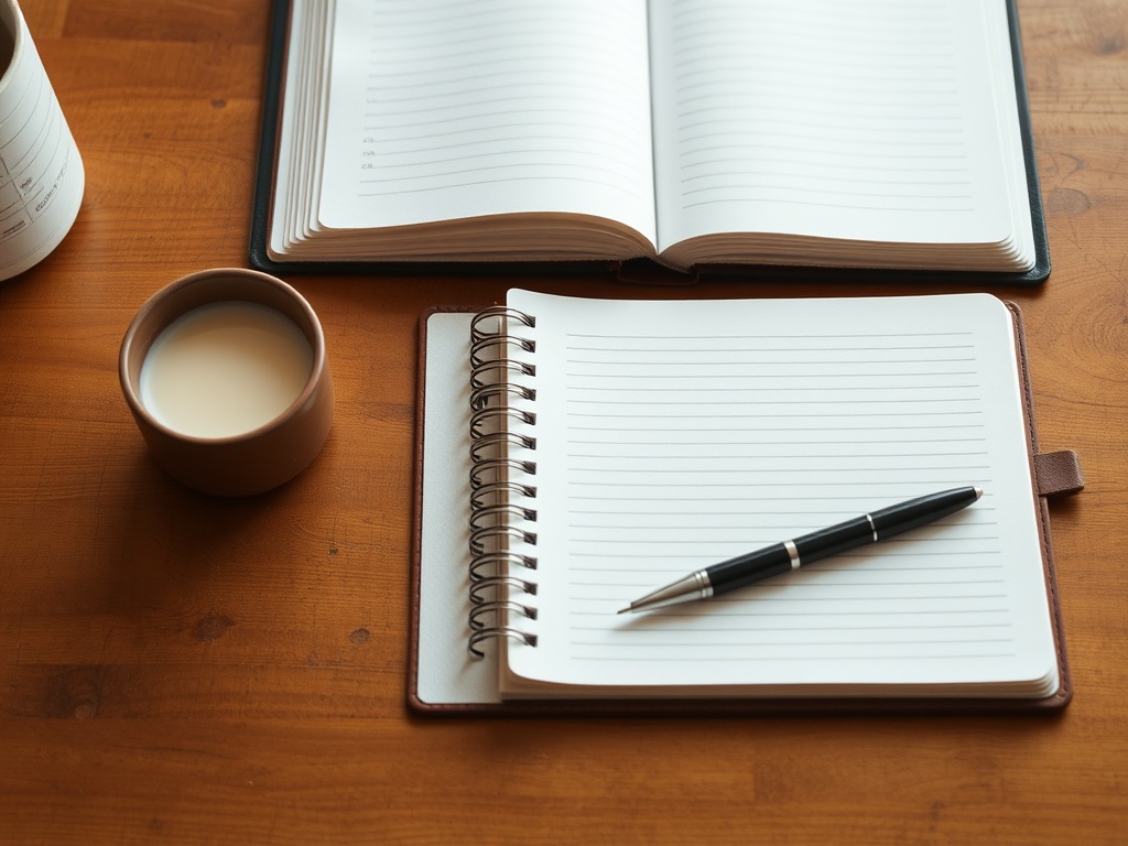 open journal with pen on a wooden table
