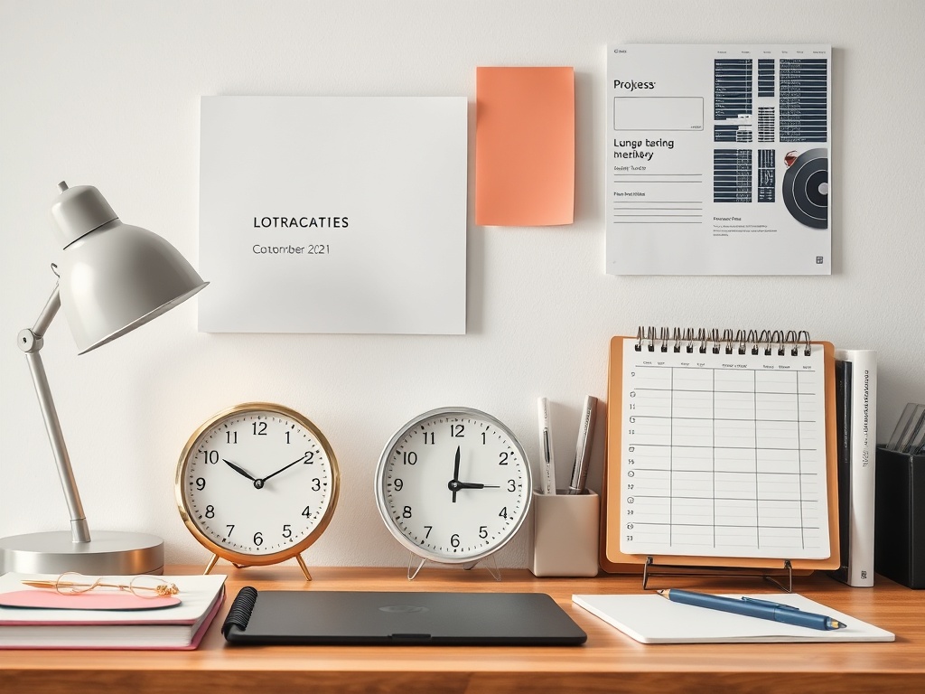 organized workspace with clock and planner