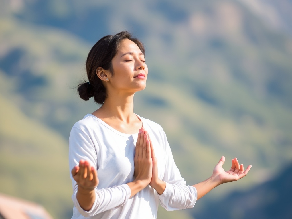 person practicing deep breathing outdoors