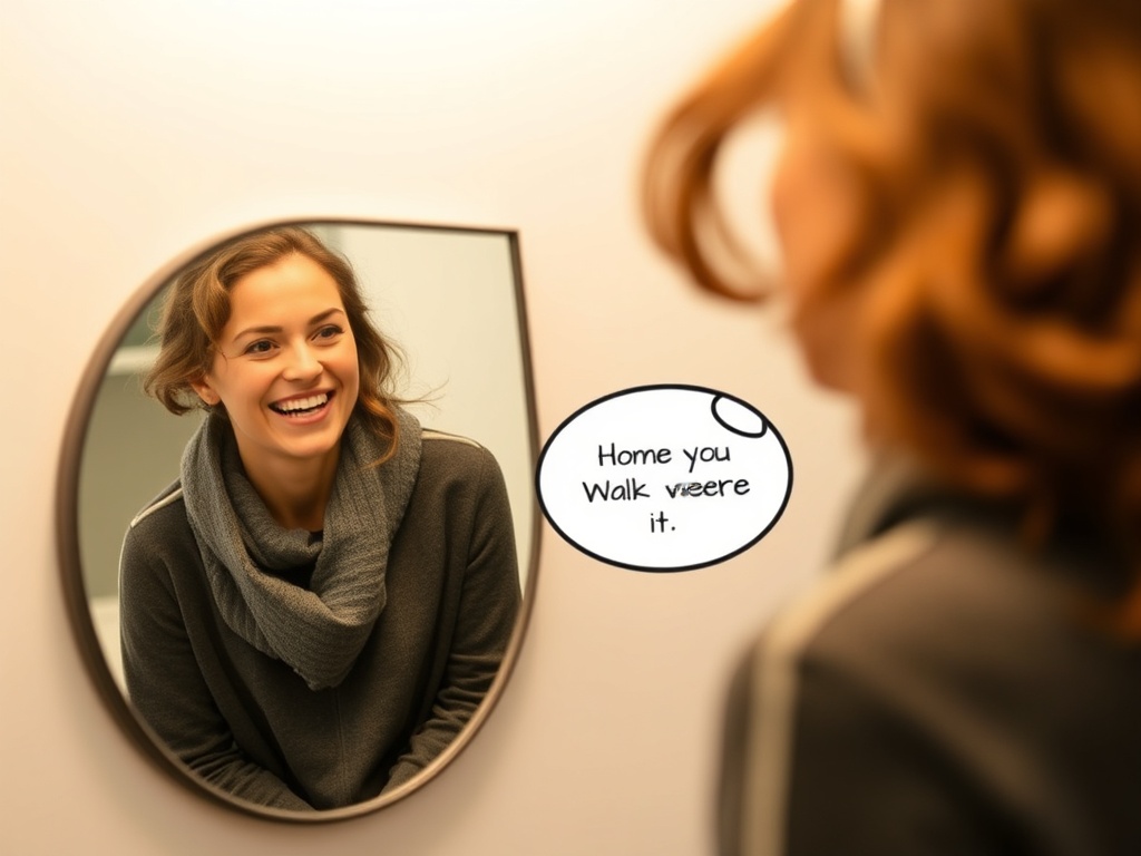 person smiling in mirror with encouraging self-talk