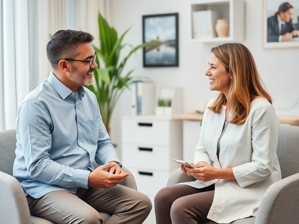 therapist and patient talking in a peaceful office