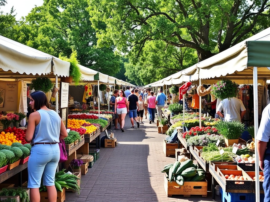 A bustling farmers' market with stalls filled with fresh produce, flowers, and handcrafted goods.