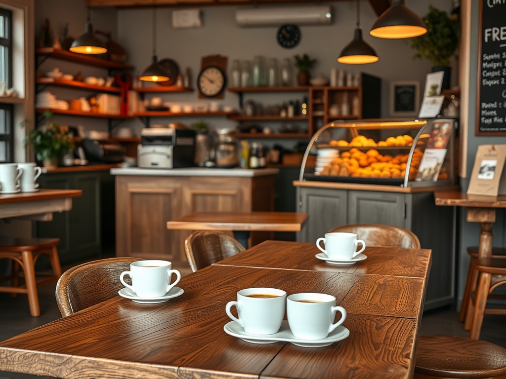 A cozy coffee shop with rustic wooden tables, coffee mugs, and freshly baked goods on display.
