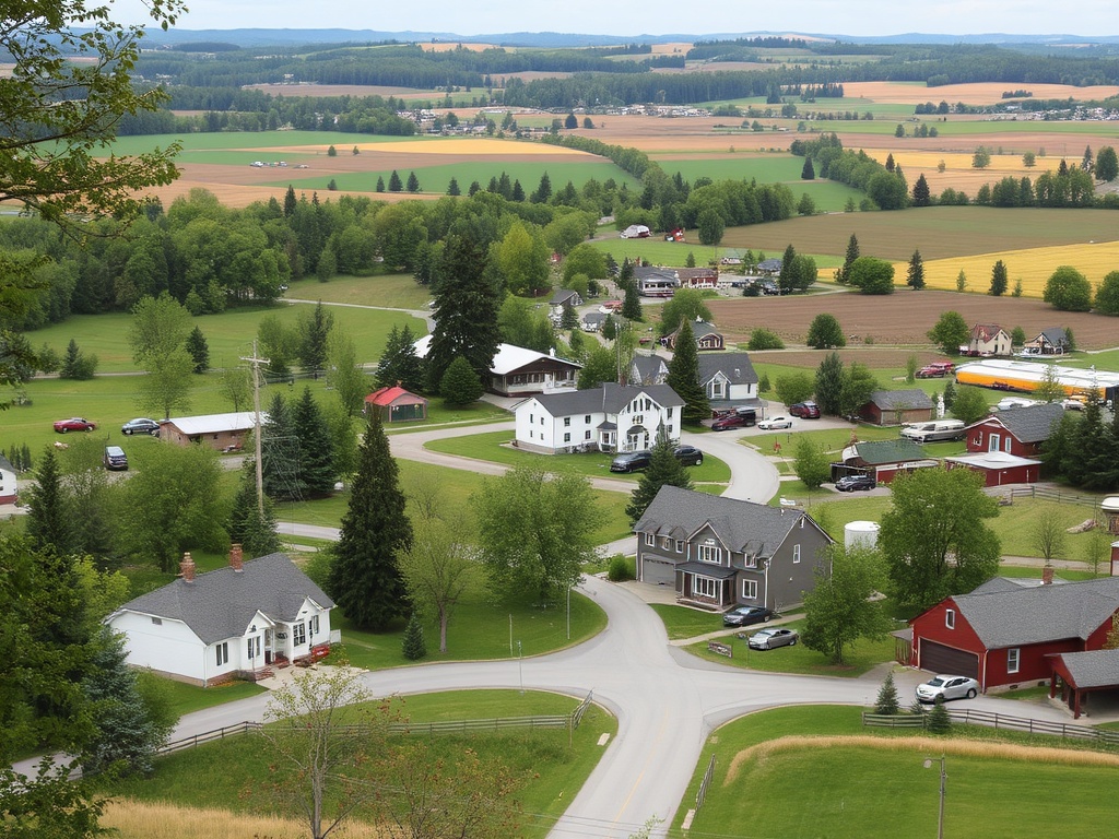 A cozy rural town nestled in Ontario, surrounded by fields and lush greenery, with quaint homes and a few businesses.