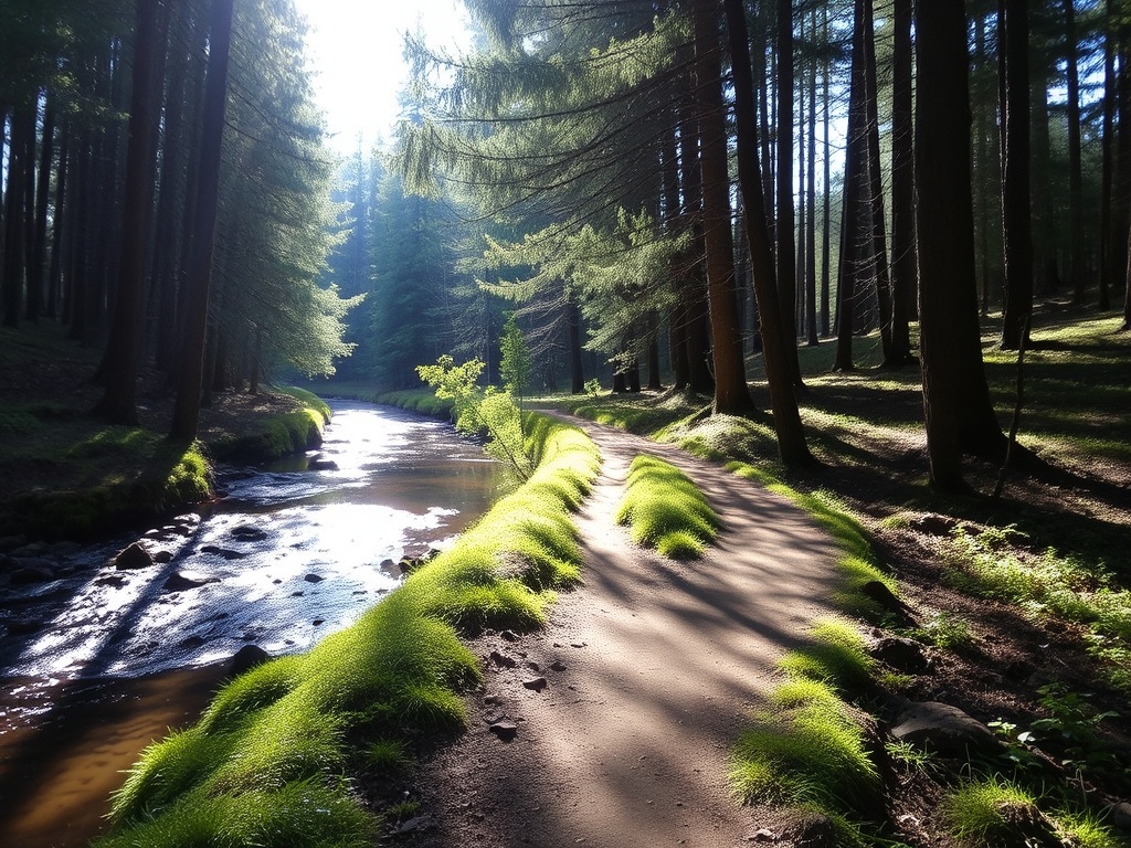 A scenic trail through the woods with sunlight streaming through the trees, highlighting the calm creek alongside.