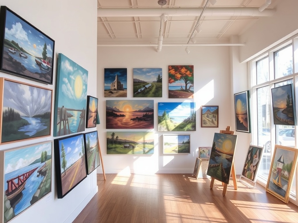 A vibrant art gallery displaying local Ontario paintings, with sunlight flooding through large windows.
