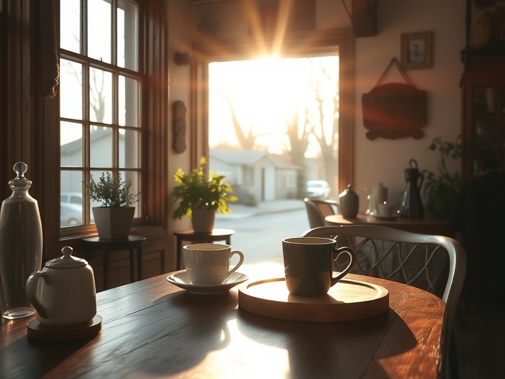 cozy small town morning coffee scene with sunlight through windows and rustic decor