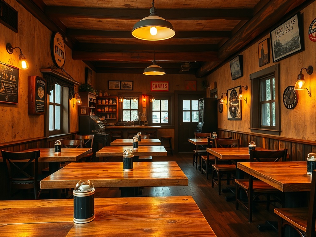 cozy small town restaurant interior with warm lighting and rustic wood tables