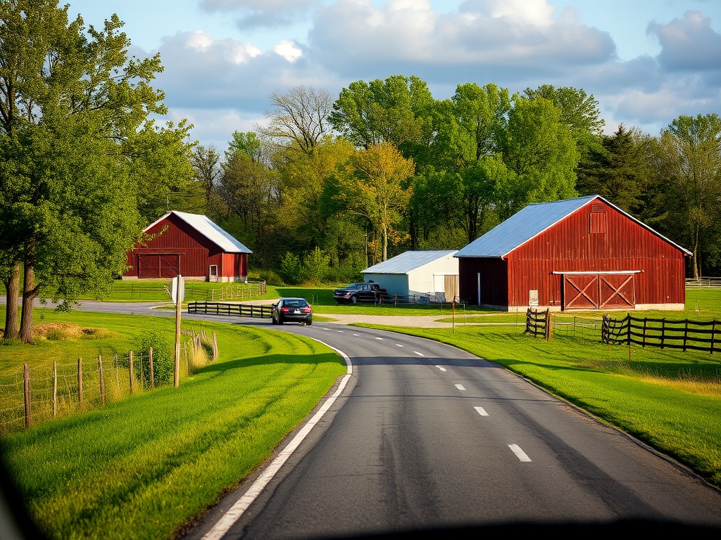rustic Ontario countryside road trip with barns, trees, and open sky