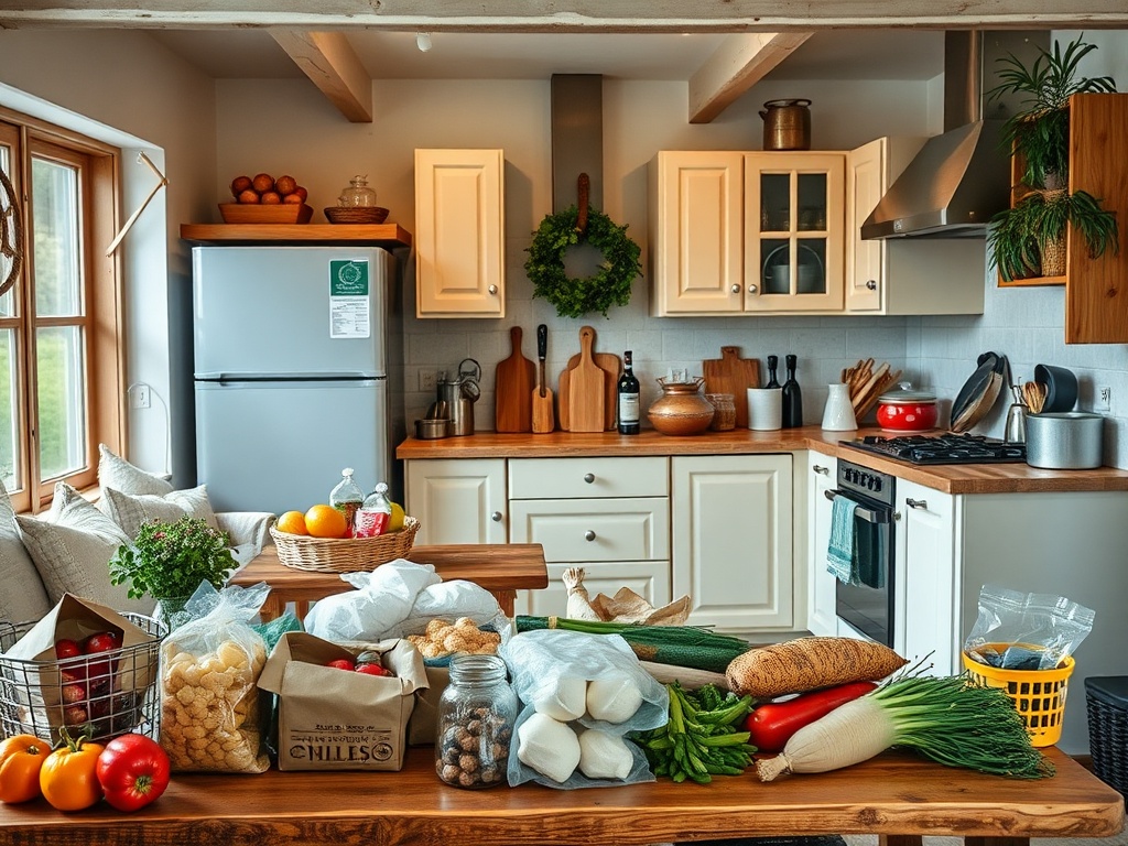 cozy kitchen with groceries laid out neatly after a successful shopping trip in rural home
