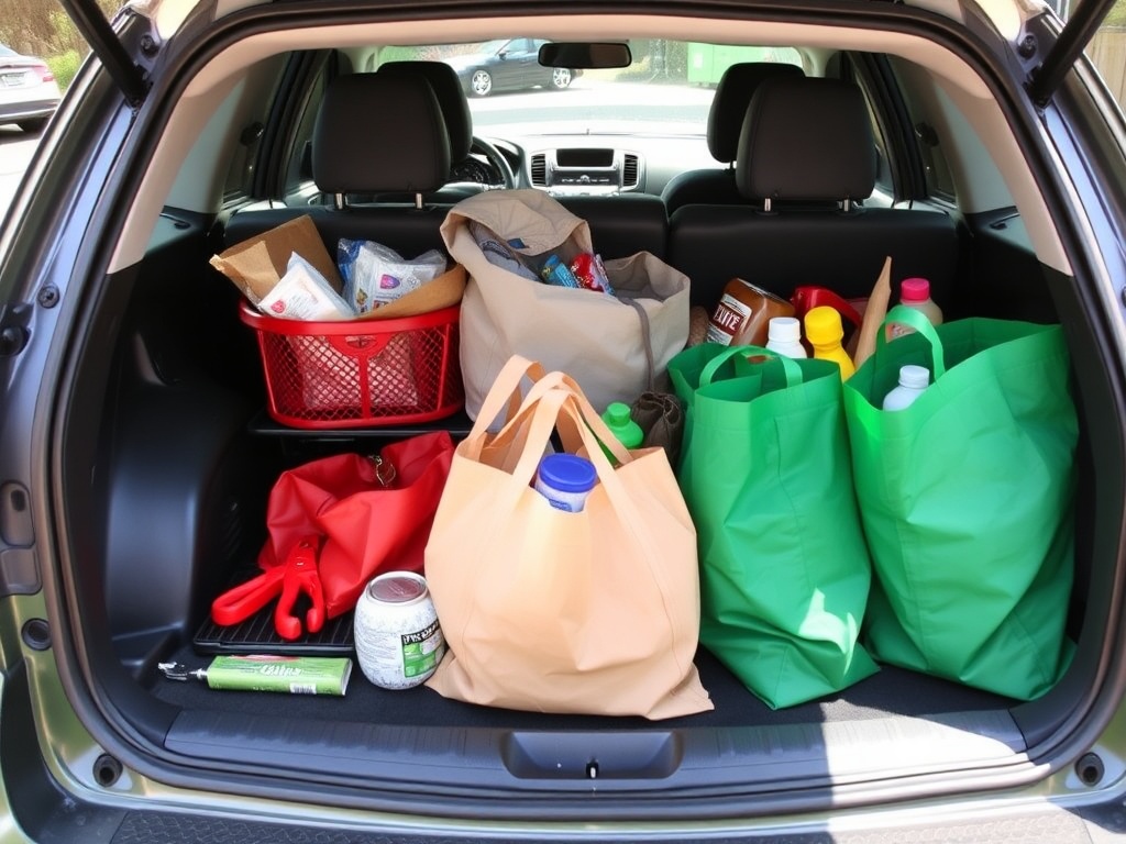 organized car trunk with reusable grocery bags, tools, and supplies neatly arranged for errands
