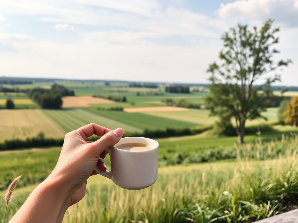person holding coffee overlooking open farmland in Ontario, relaxed weekend vibe