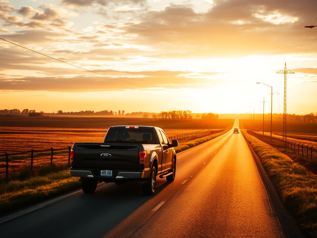 quiet rural Ontario road at golden hour with farm fields and a pickup truck driving calmly, cinematic lighting