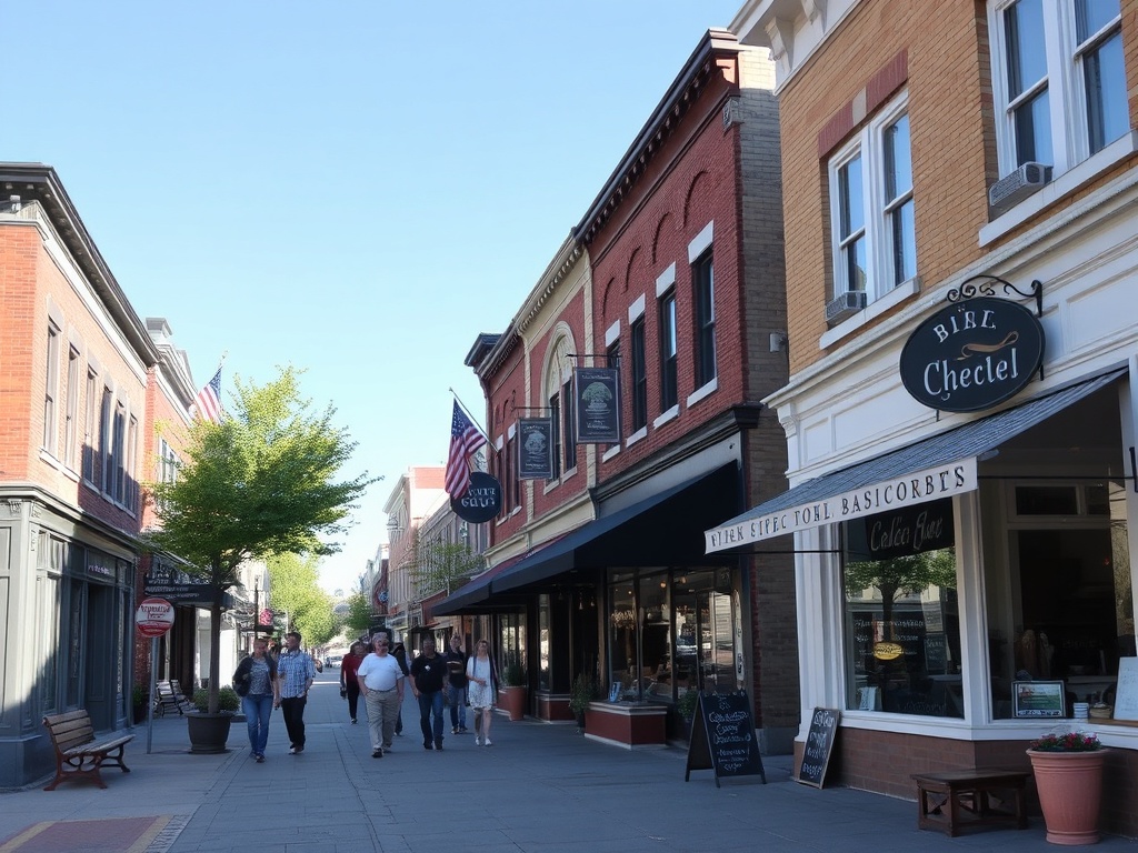 small town Ontario main street with local shops, coffee shop, and people walking on a sunny afternoon