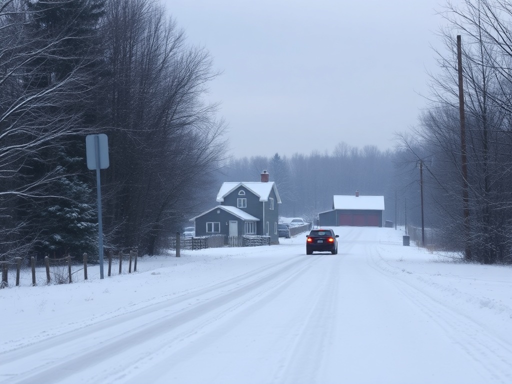 snowy rural Ontario road with farmhouse and car driving carefully in winter conditions