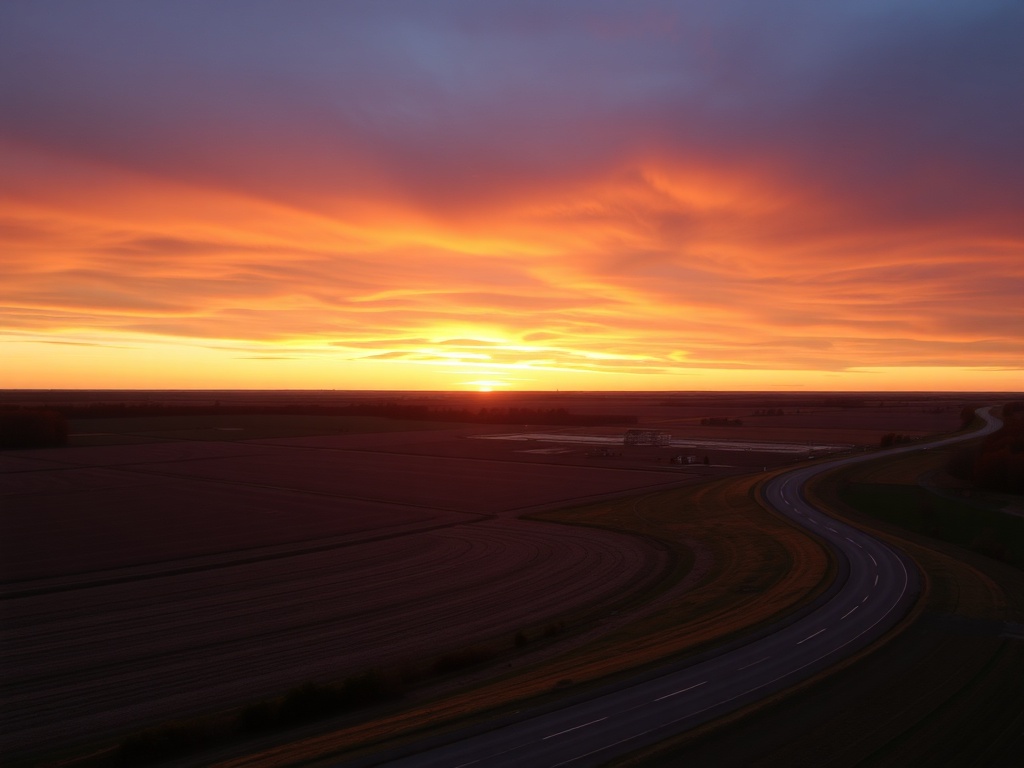 sunset over rural Ontario farmland with winding road and warm orange sky
