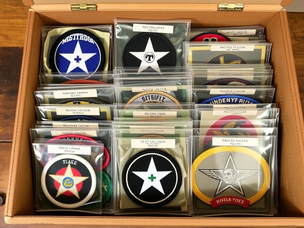 archival storage box with labeled military patches in protective sleeves