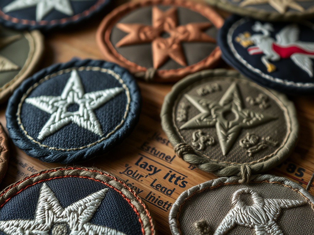 close-up of vintage military patches on a wooden table with stitching detail and aged fabric textures